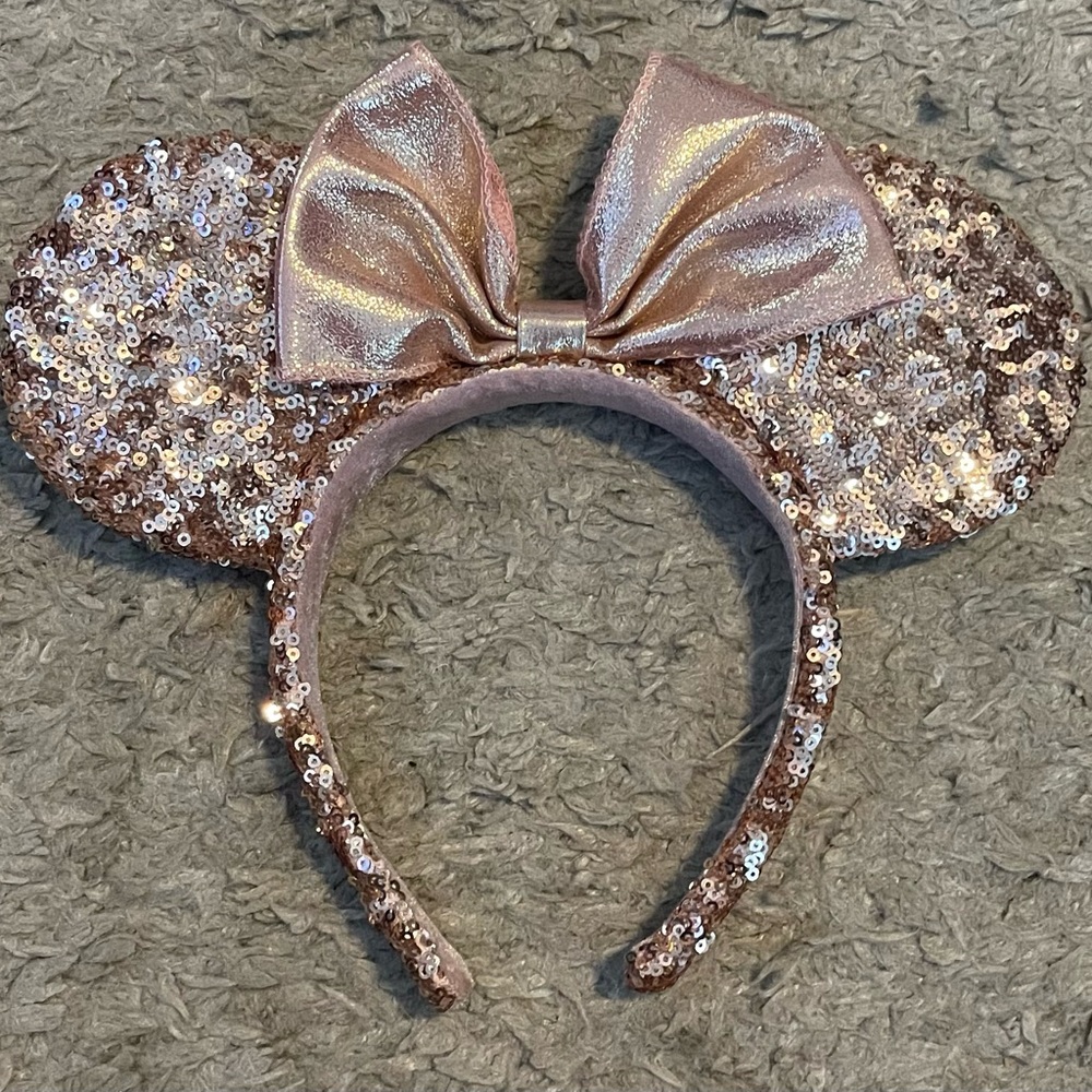 Disney Parks Rose Gold Sequin Pink Satin Bow Minnie Mouse Ears